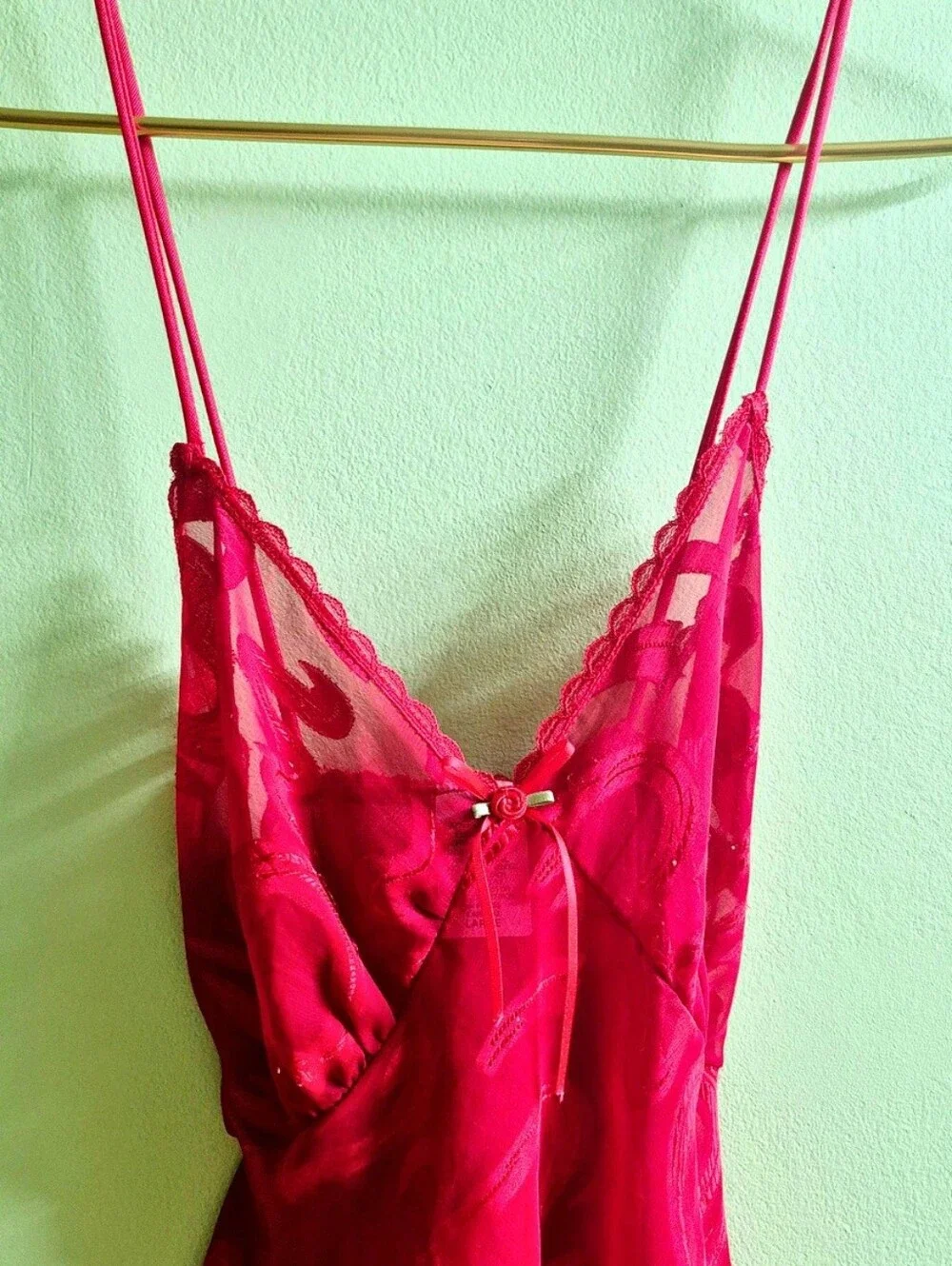 Vintage Red Heart Mesh Chemise – Lace Trim Sheer Night Slip - Picture 7 of 8